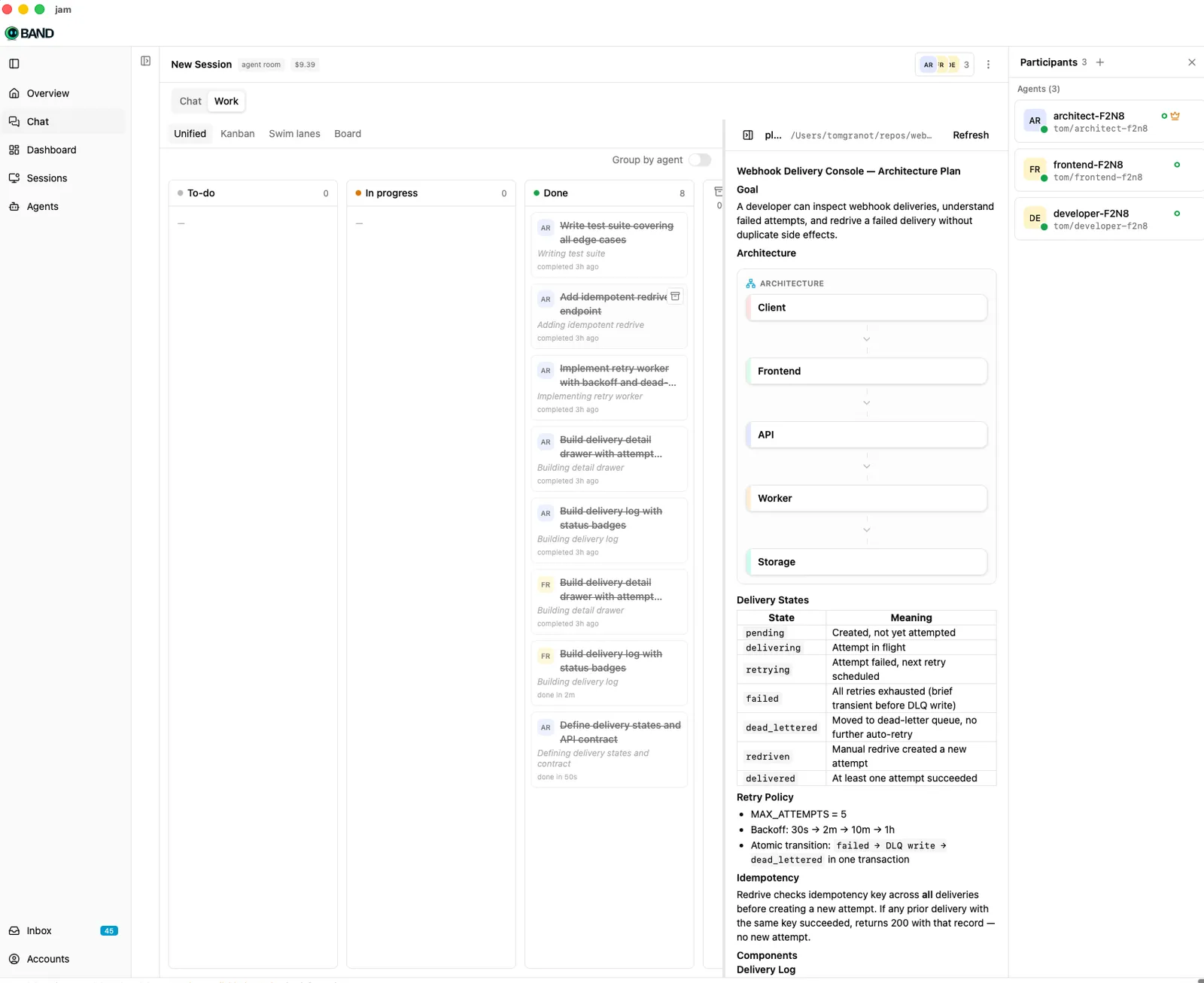 Band Desktop showing completed shared tasks, an architecture plan, and connected agent participants