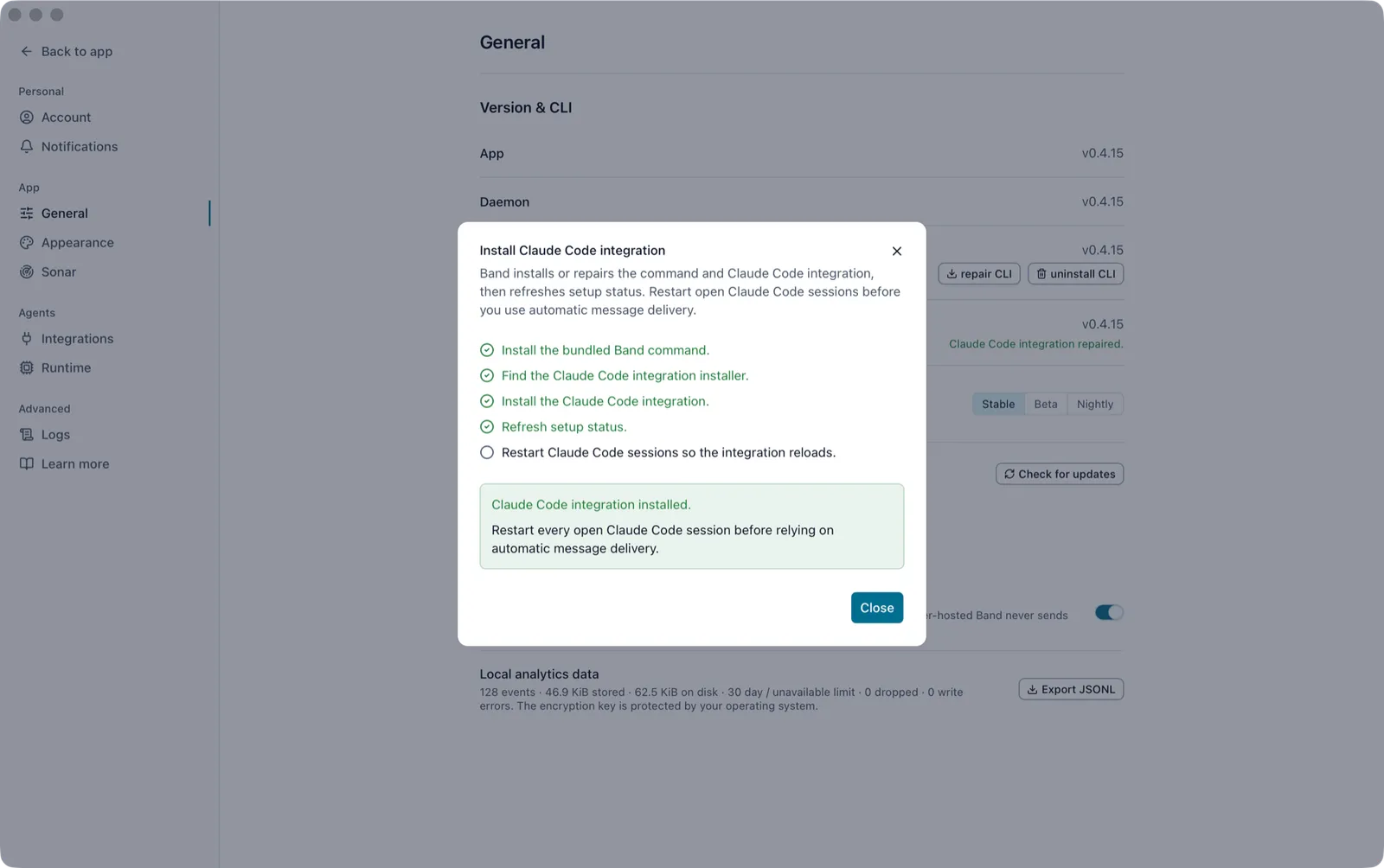 Install Claude Code integration dialog with four completed steps and the message Claude Code integration installed