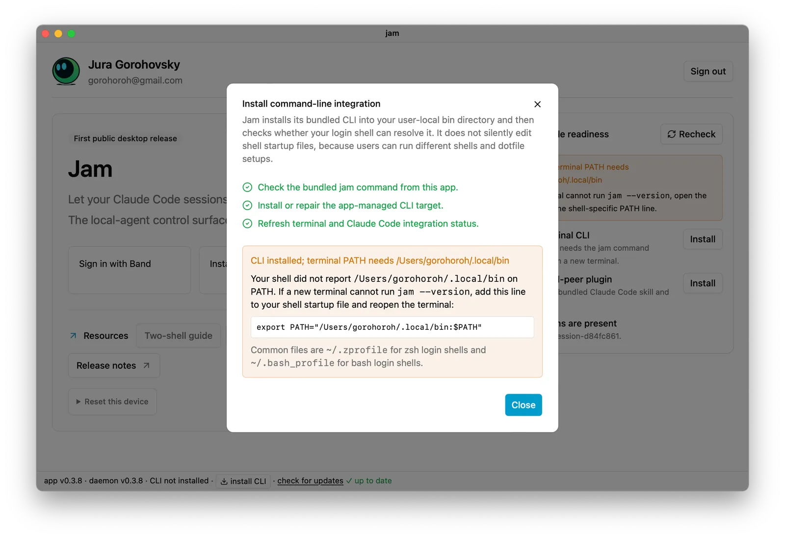 Pre-rename Jam interface showing a PATH warning after CLI installation