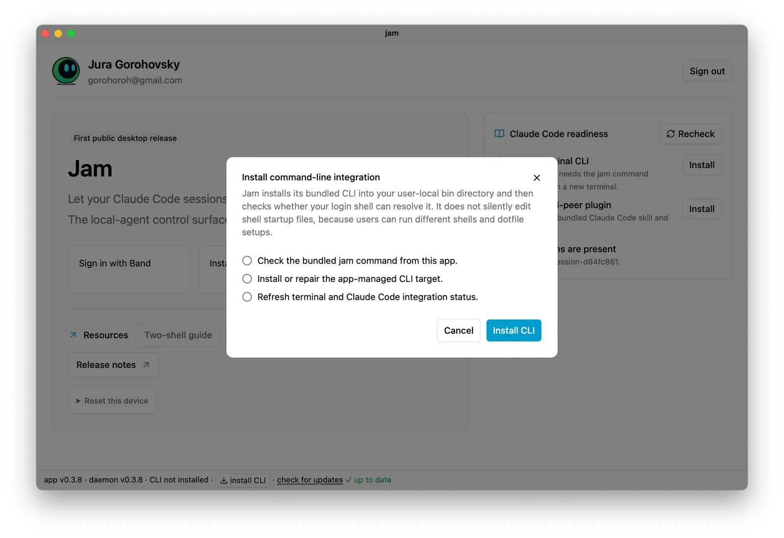 Pre-rename Jam interface prompting the user to install the CLI