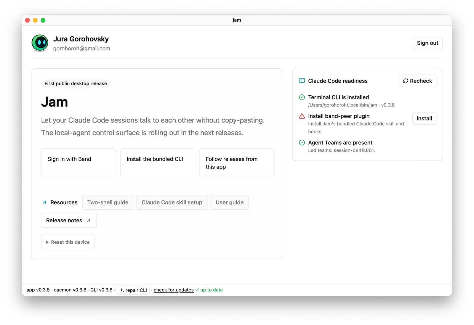 Pre-rename Jam interface reporting that the CLI is installed