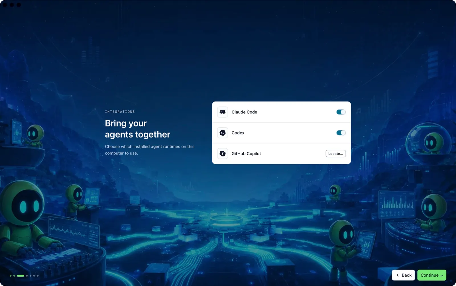 Band Desktop setup on the Bring your agents together step, with Claude Code and Codex turned on and a Locate button for GitHub Copilot