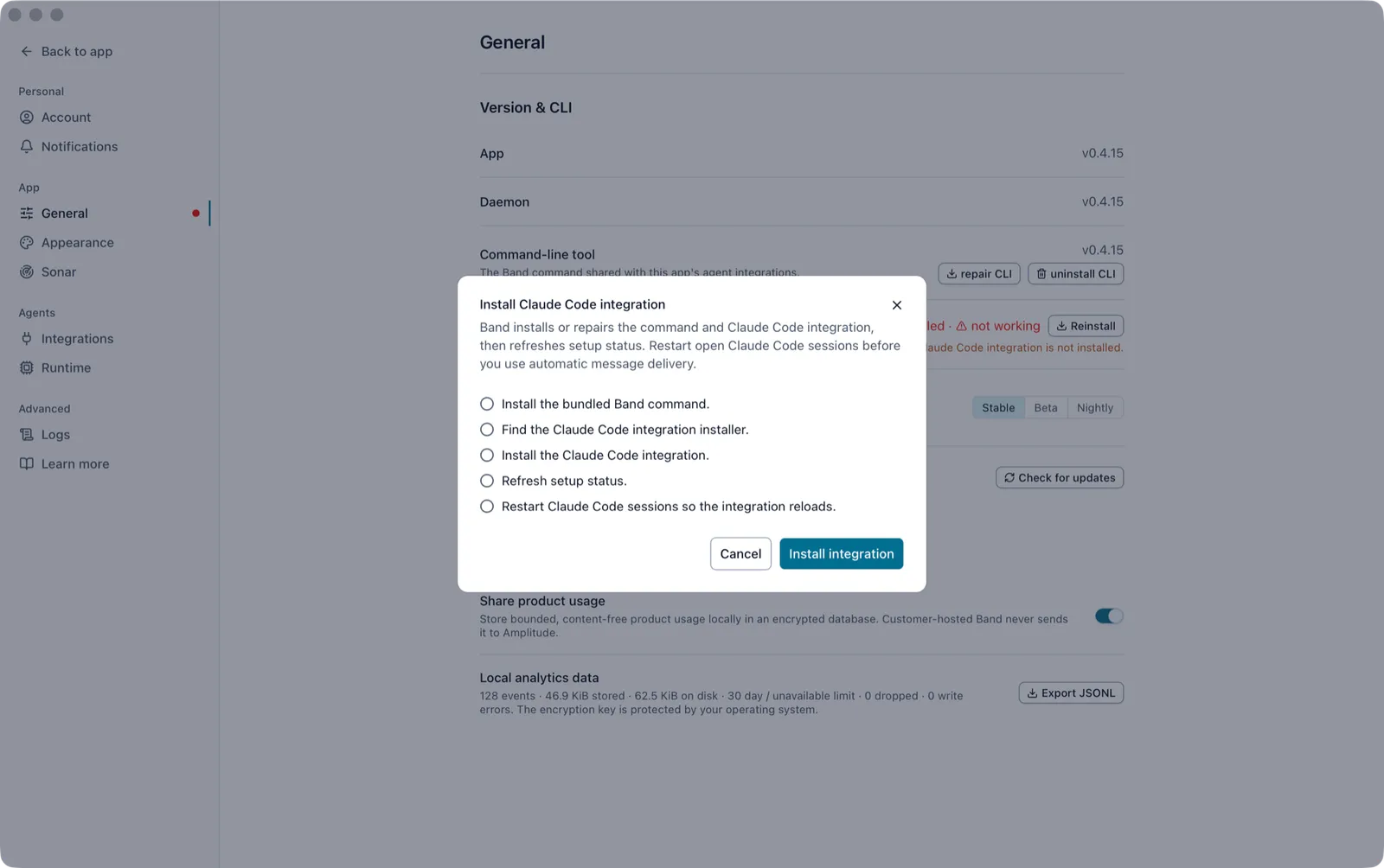 Install Claude Code integration dialog listing its five steps, with the Install integration button